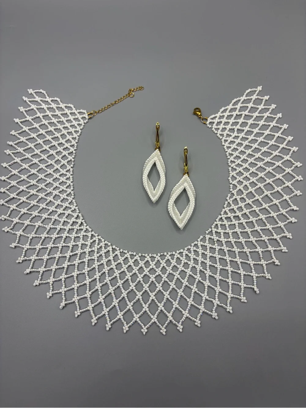 White Beaded Net Collar Necklace with Matching Drop Earrings